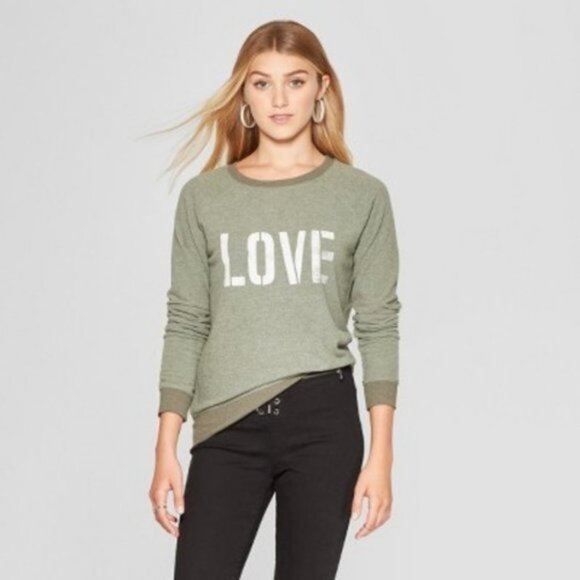 Grayson Shirt Women's Med Green Distressed Long Sleeve Knit "Love" - Picture 1 of 4